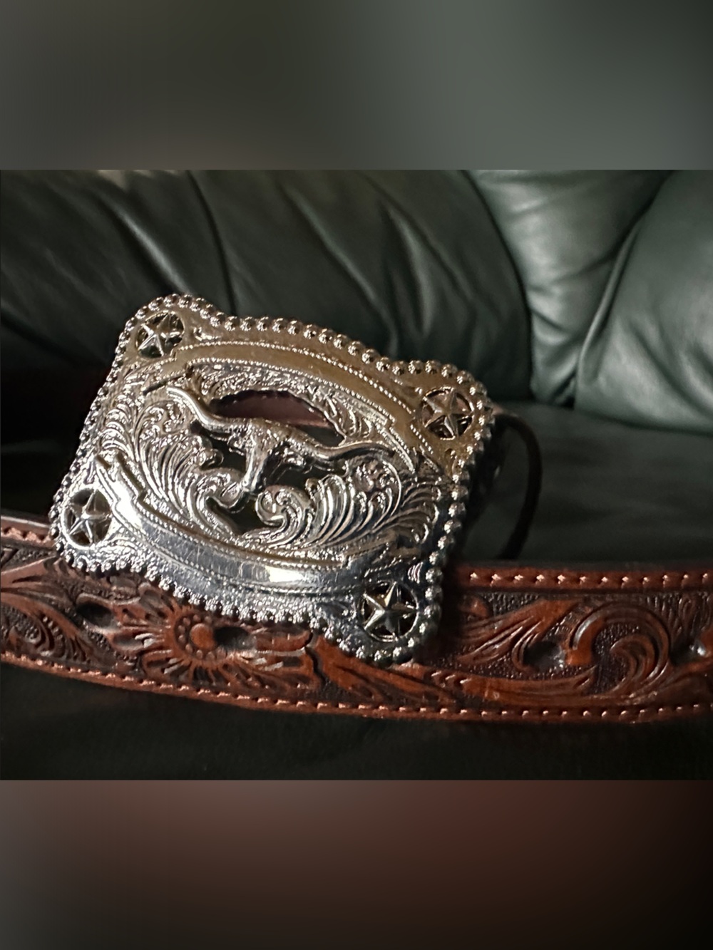 Nocona Belt Co Western Tooled Brown Leather Belt with Silver Rodeo Buckle NEW